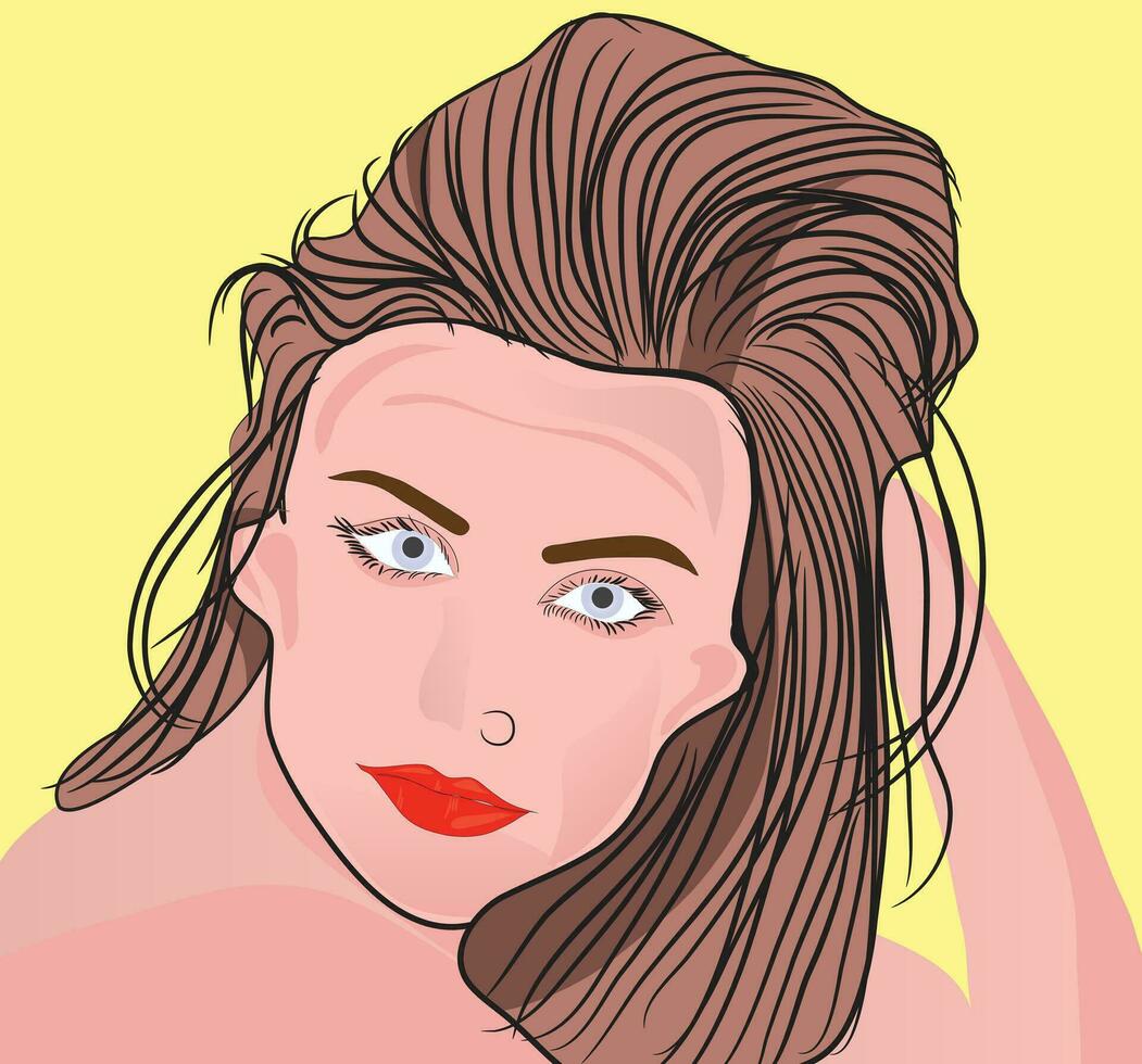 hermosa dama retrato cara cerca ver vector ilustración en amarillo antecedentes.