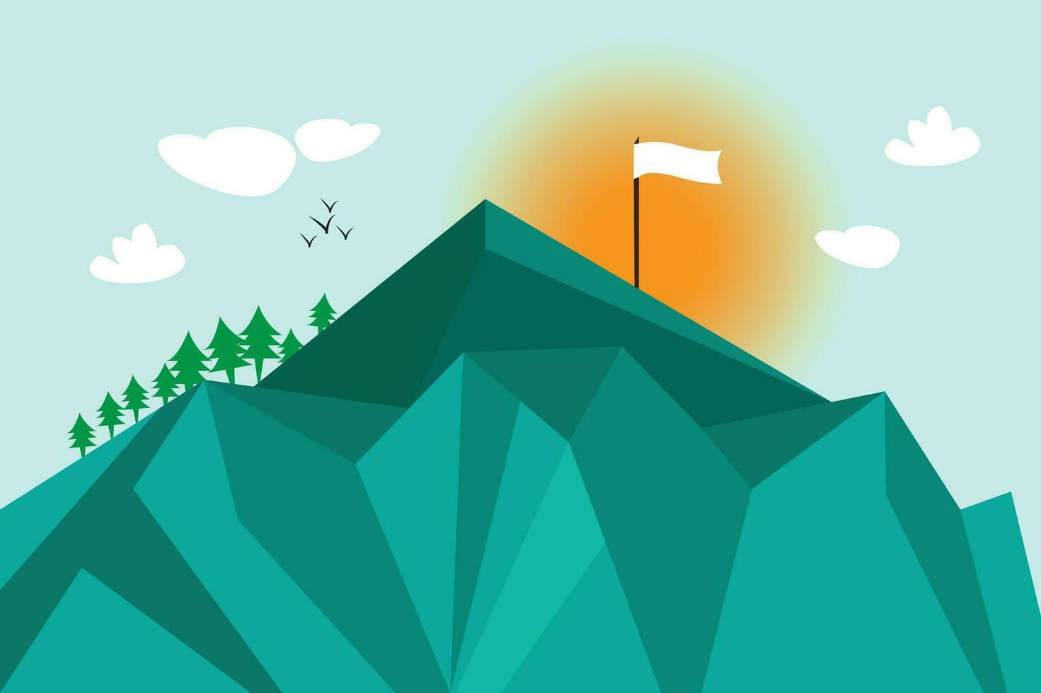 Mountain landscape vector illustration and sky background with white flag.