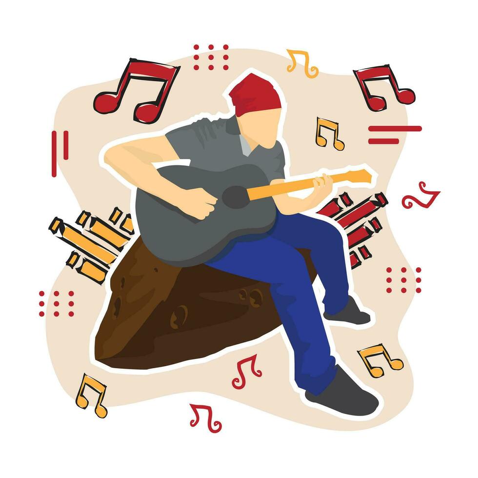 Guy playing guitar, music theme flat character vector illustration on white background.