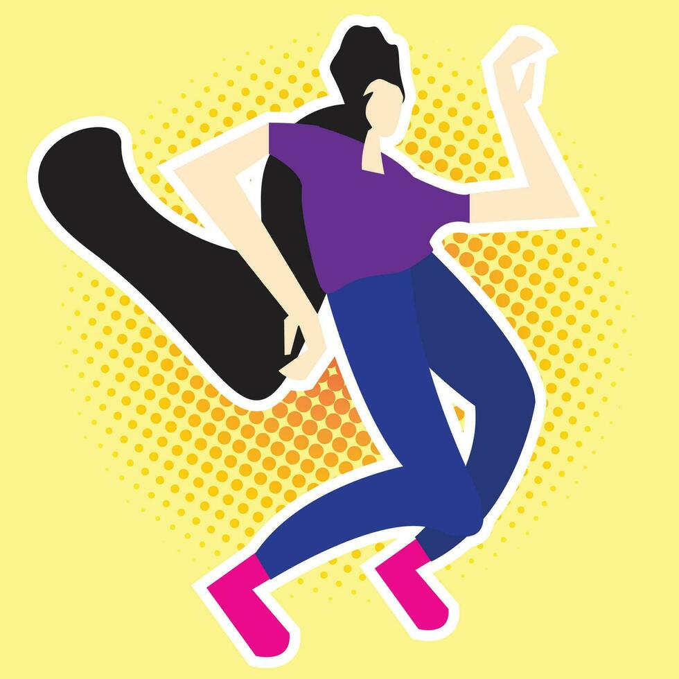 Abstract shaped girl dancing wearing colorful cloths on yellow background. Flat vector illustration of female character expression and joy.