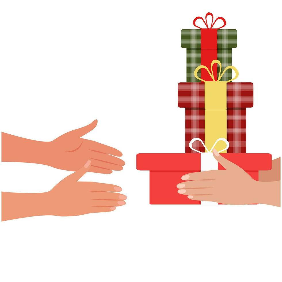 Hand holding three gift boxes and giving presents to other person. Gifts passed from hand to hand. Cartoon style vector