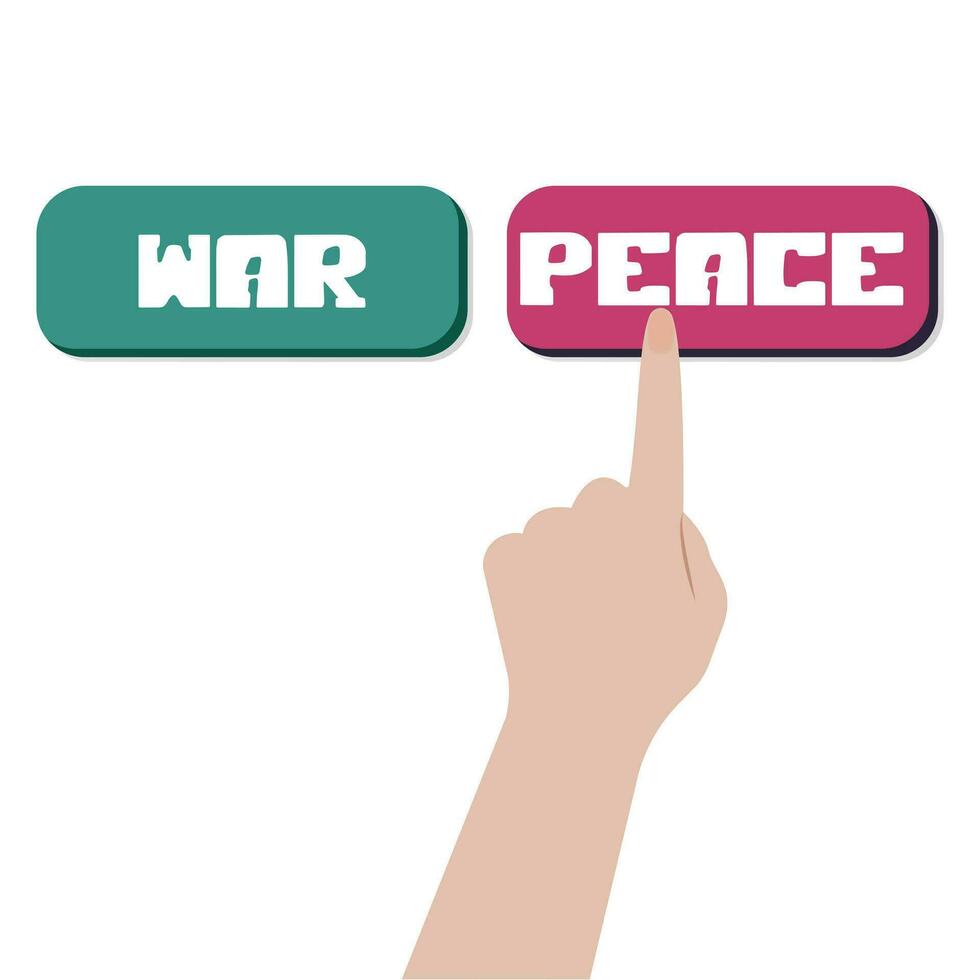 hand press the button peace, no war. Peace concept, stop war. Israel, palestine, gaza conflict. Vector illustration isolated on white background