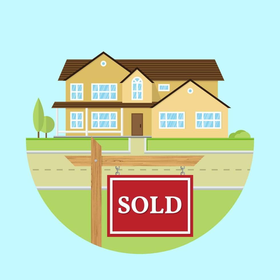 Beautiful american house on the blue background with SOLD sign vector