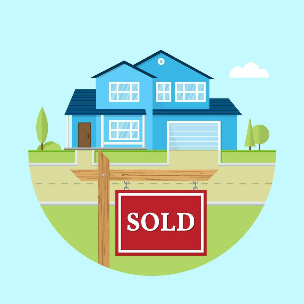 Beautiful american house on the blue background with SOLD sign vector