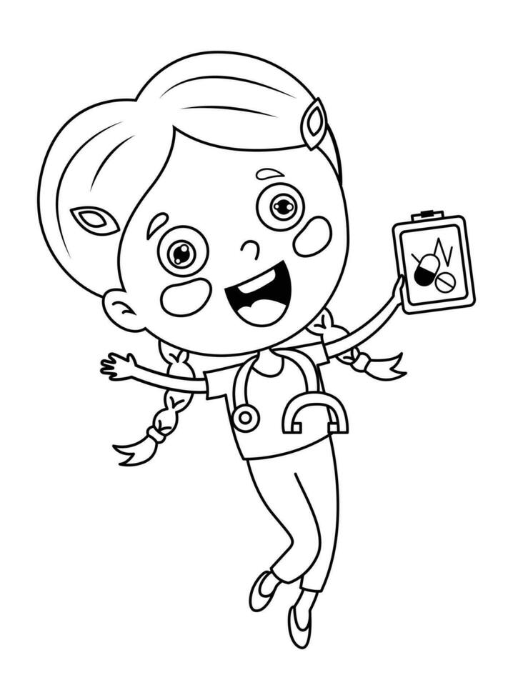 Cute Nurse in Uniform Cartoon Outline Drawing vector