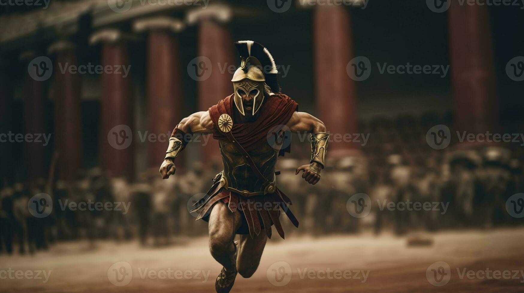 Generative AI, Realistic illustration of a fierce gladiator attacking, running. Armoured roman gladiator in combat wielding a sword charging towards his enemy. photo