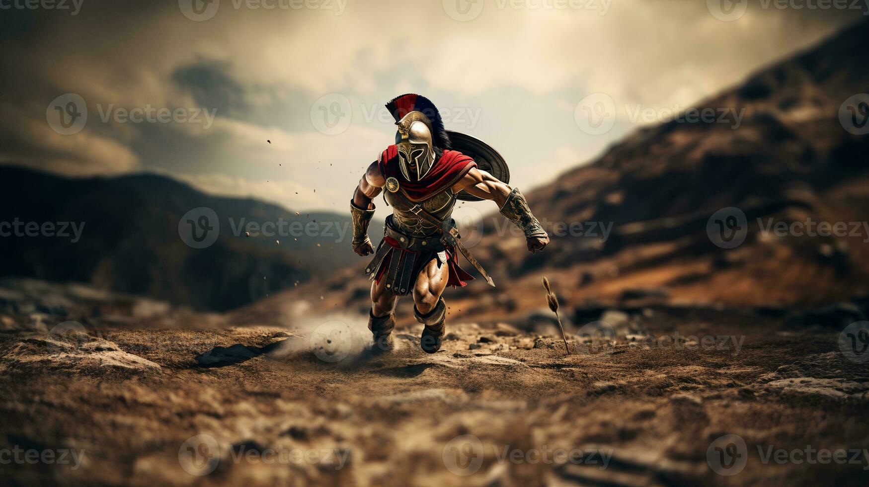 Generative AI, Realistic illustration of a fierce gladiator attacking, running. Armoured roman gladiator in combat wielding a sword charging towards his enemy. photo