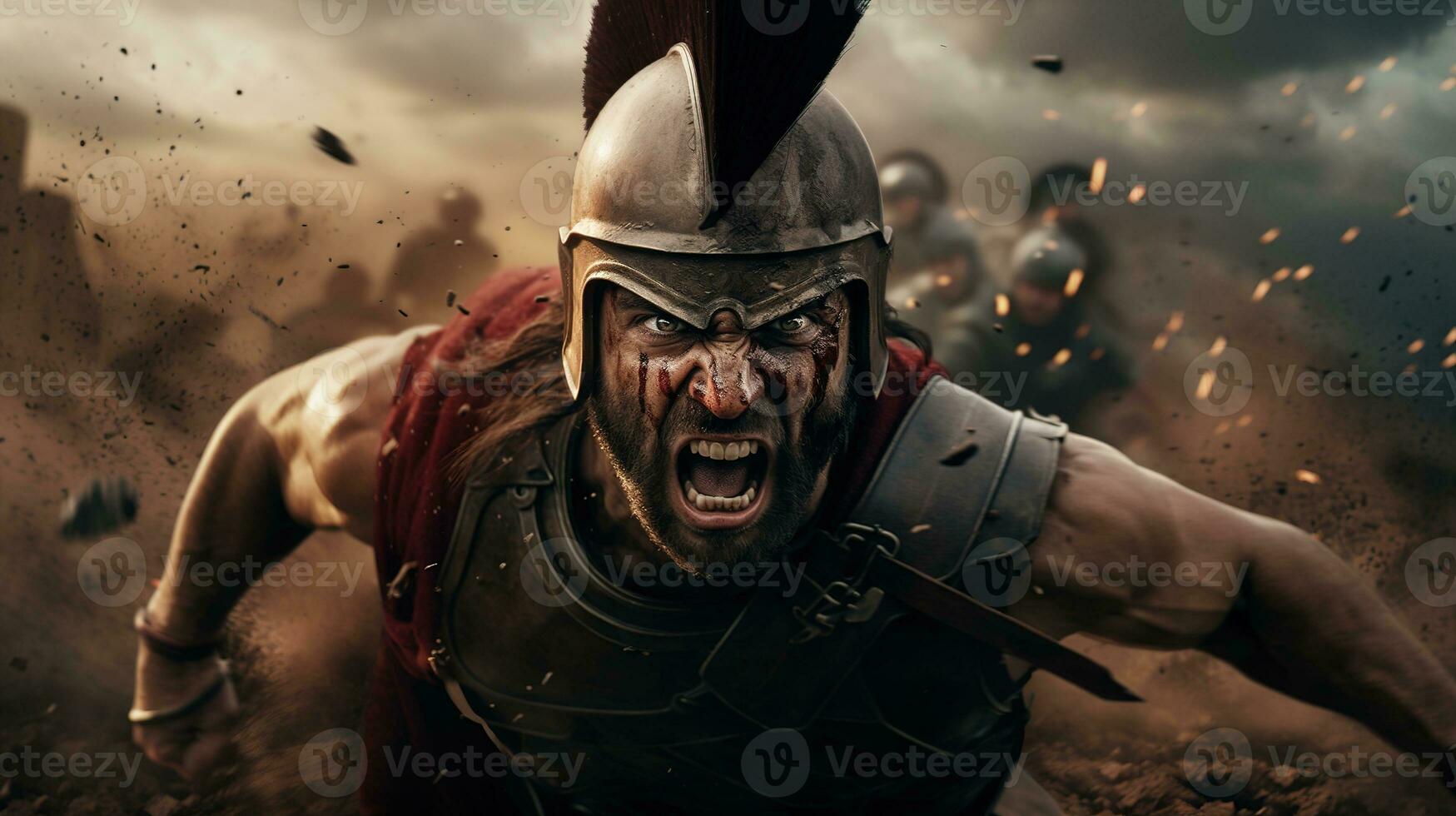 Generative AI, Realistic illustration of a fierce gladiator attacking, running. Armoured roman gladiator in combat wielding a sword charging towards his enemy. photo