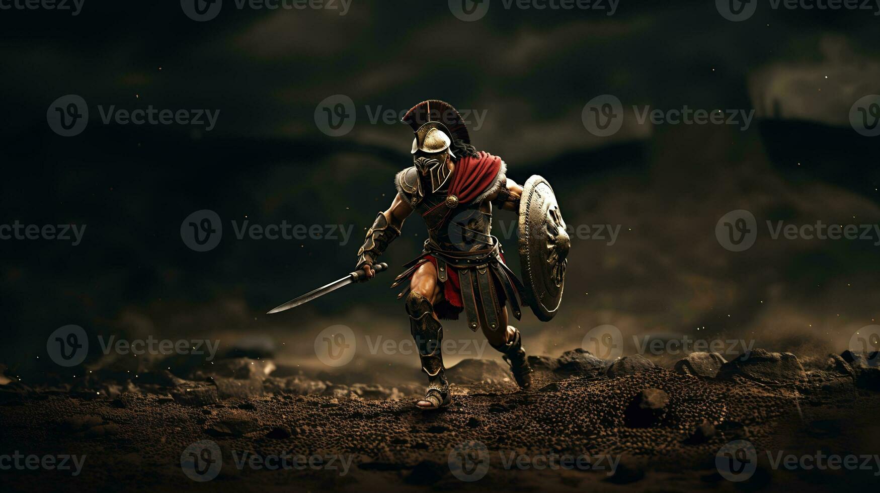 Generative AI, Realistic illustration of a fierce gladiator attacking, running. Armoured roman gladiator in combat wielding a sword charging towards his enemy. photo