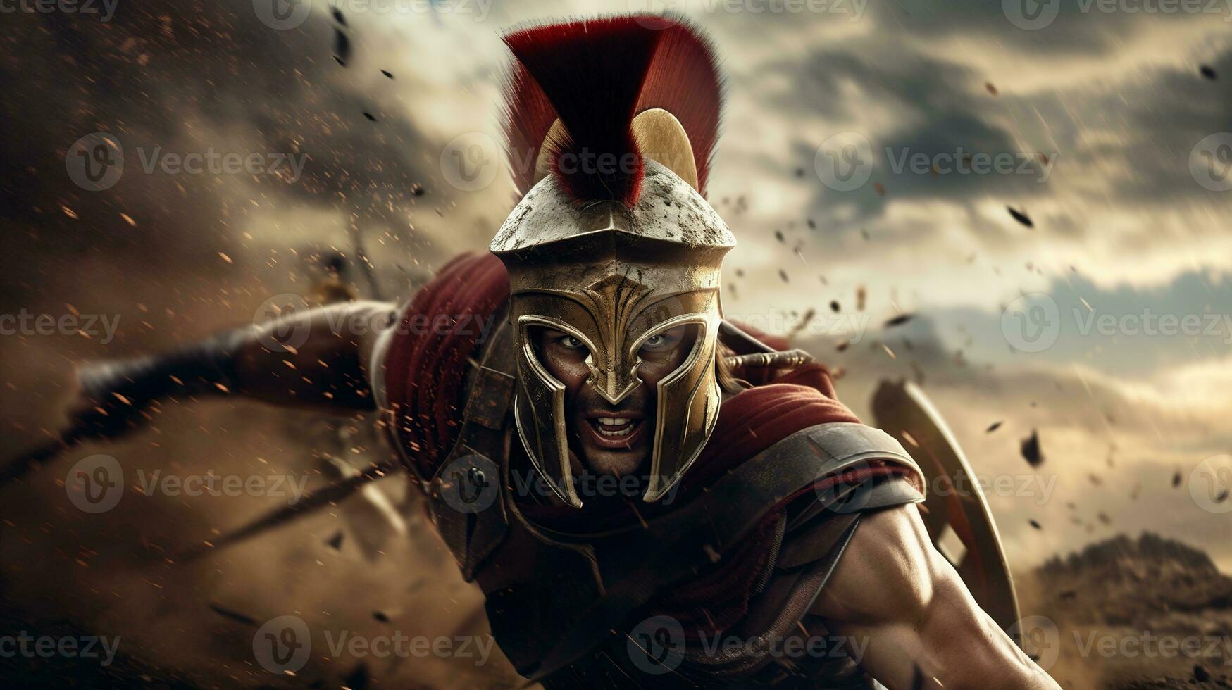 generativo ai, realista ilustración de un feroz gladiador agresor, correr. blindado romano gladiador en combate empuñando un espada cargando hacia su enemigo. foto