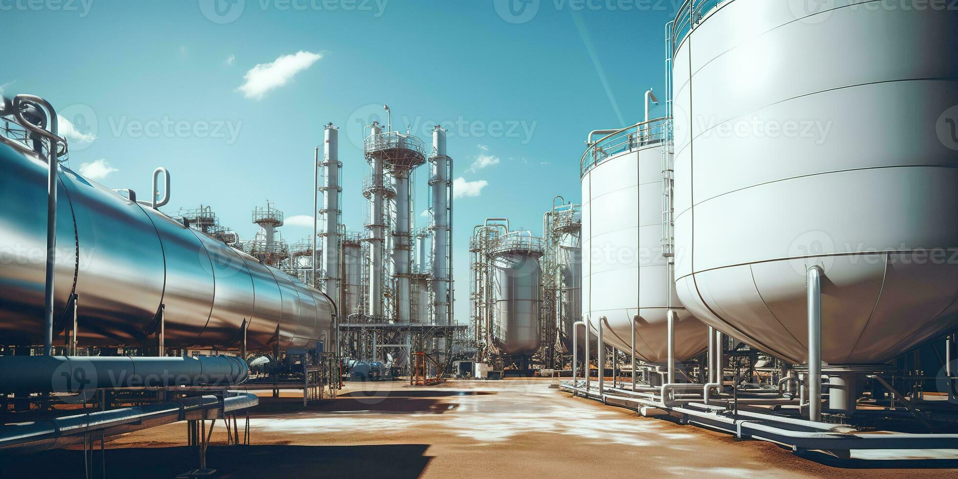 Generative AI, Hydrogen power plant, large steel tanks and pipes. Green renewable energy production, H2 energy concept photo