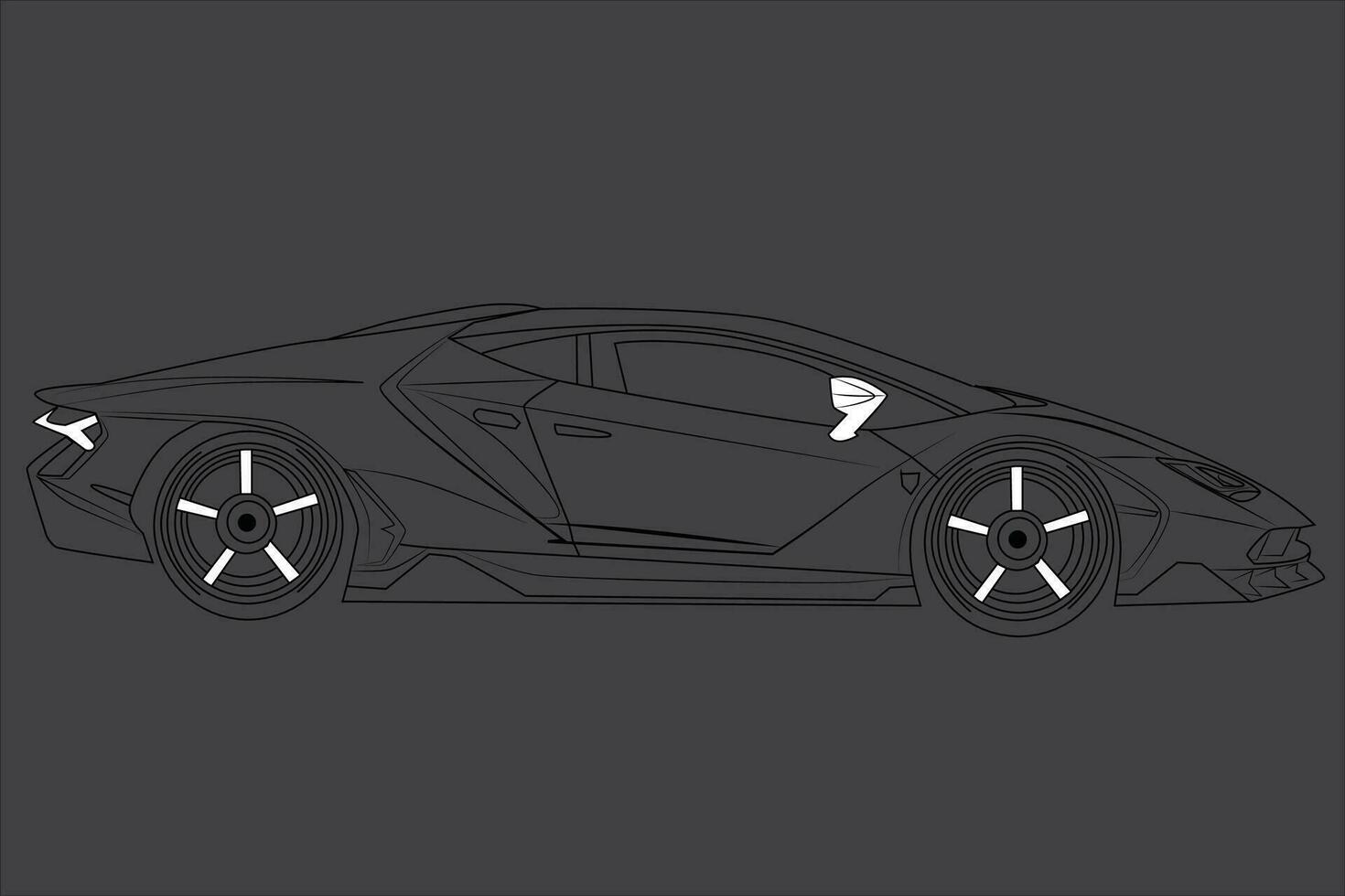 sports car isolated on gray background. Sports car side view. Black line art design template. Vector illustration.