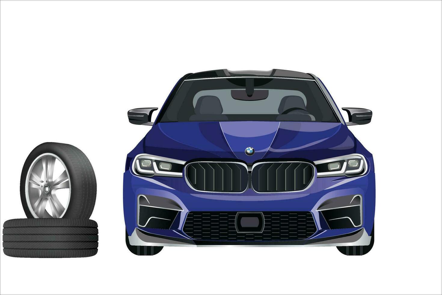 blue sedan front view vector layout. BMW. art vector template of blue sedan car with tires on the side.