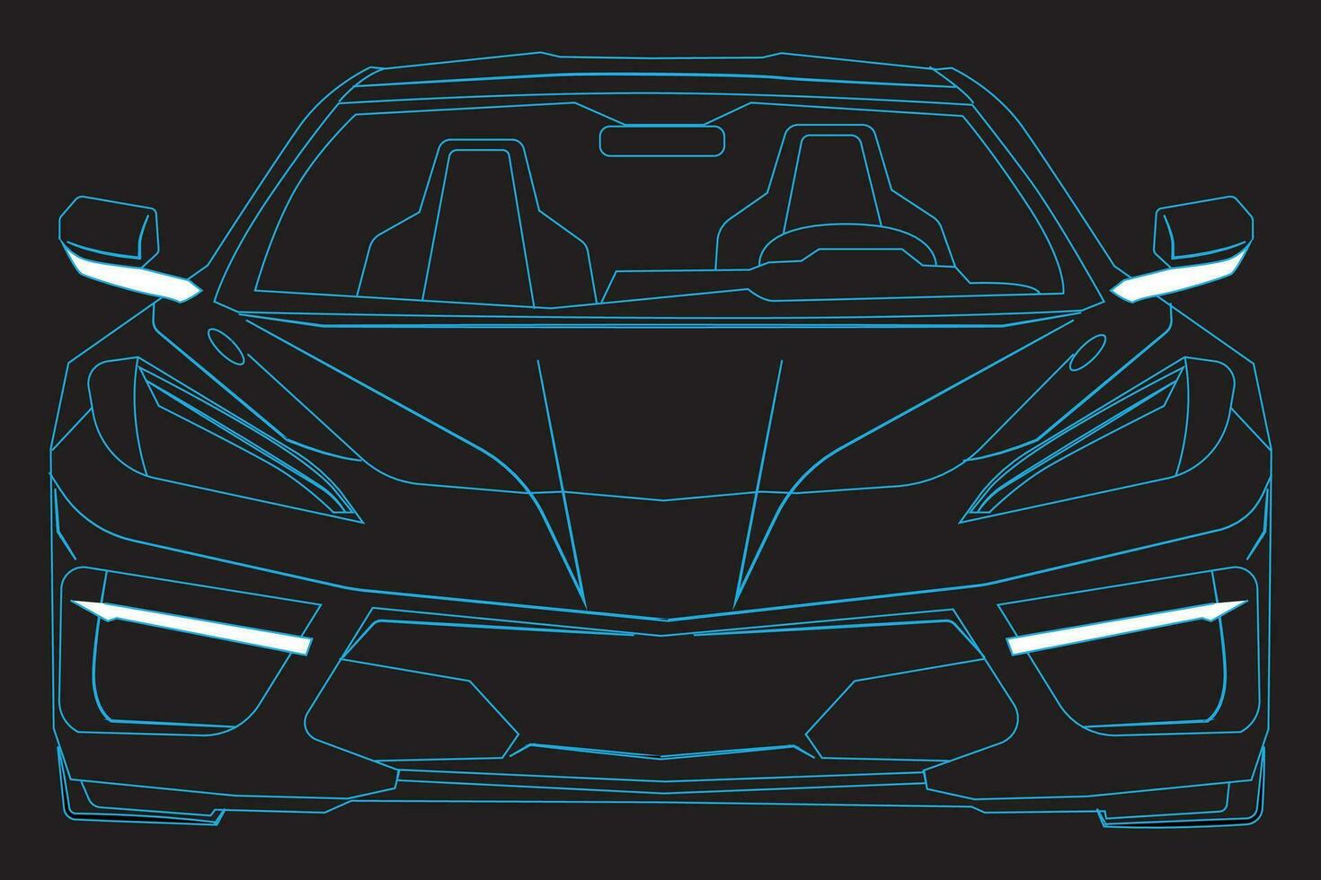 azul músculo auto, ver desde el frente. arreglado con líneas. azul 2022 chevrolet corbeta. vector