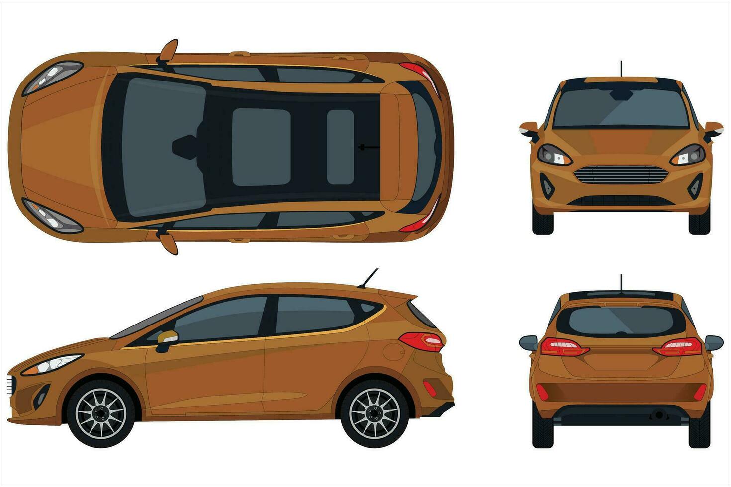 Isolated Realistic Vector brown Car SUV, 3d perspective with transparency gradient and front, back, side views.