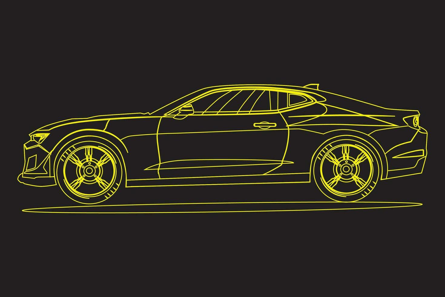 Yellow Chevrolet Camaro. wrapped in connected lines. View from the side. Vector illustration.