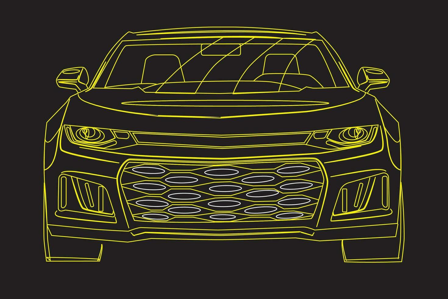 Yellow Chevrolet Camaro. wrapped in connected lines. View from the front. Vector illustration.