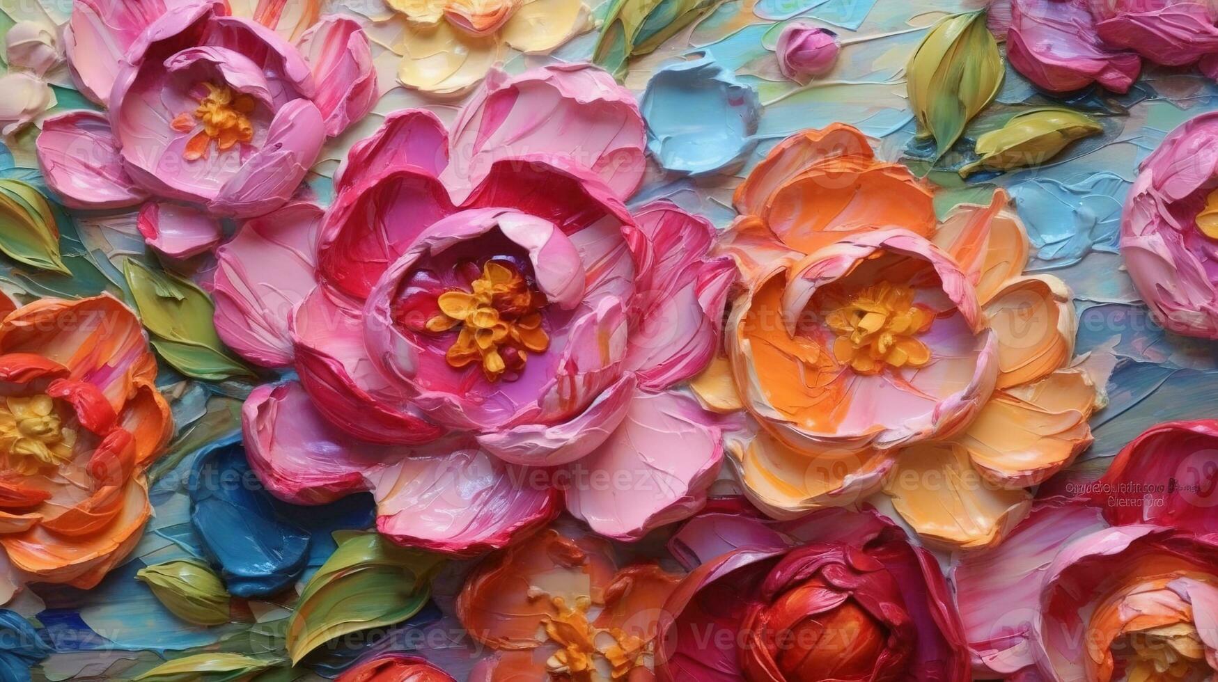 Generative AI, Oil painting of flowers on canvas. Beautiful abstract colorful flowers. Macro impasto painting. photo