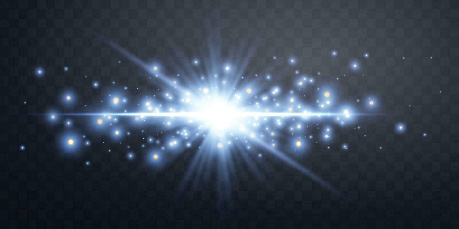 Blue horizontal lensflare. Light flash with rays spotlight. Blue glow flare light effect. Vector illustration.