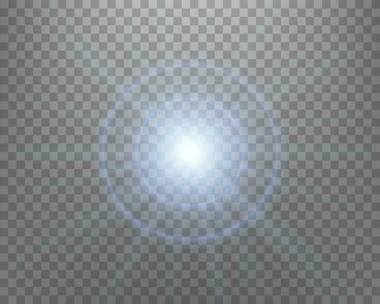 Blue sunlight lens flare, sun flash with rays and spotlight. Glowing burst explosion. Vector illustration.
