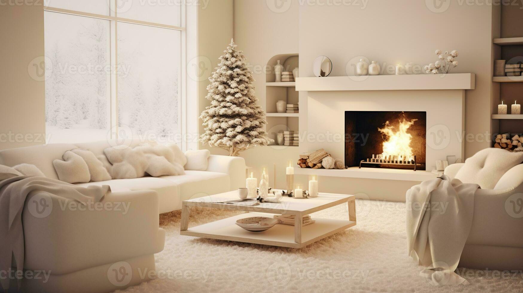 Christmas, white modern living room with fireplace and snowy forest outside the window. Modern interior design. AI Generated photo