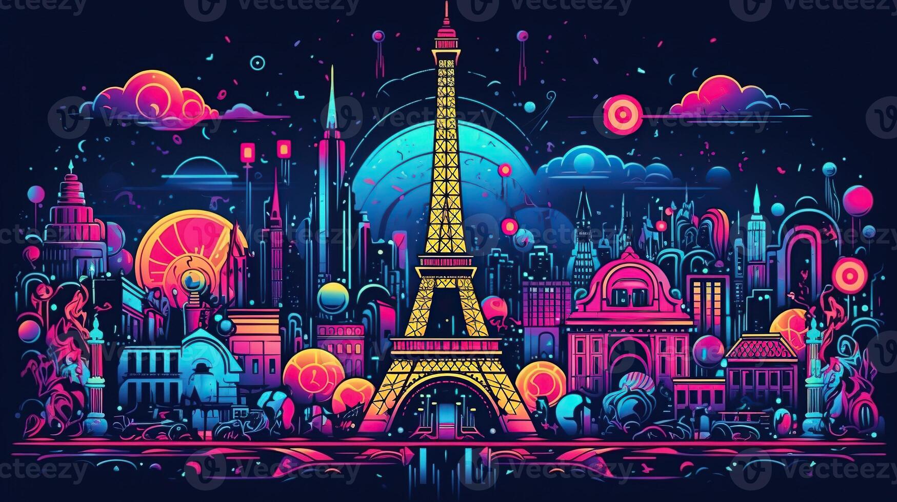 Postcard with night Paris, the Eiffel Tower, geometric neon style. AI Generated photo