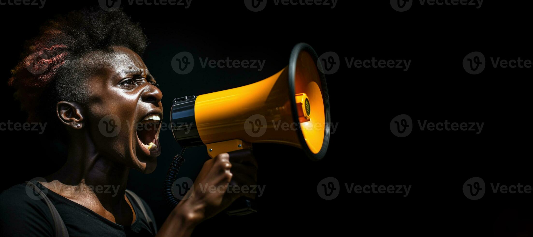 Generative AI, Studio shot of African woman using a megaphone against a black background, a powerful statement photo