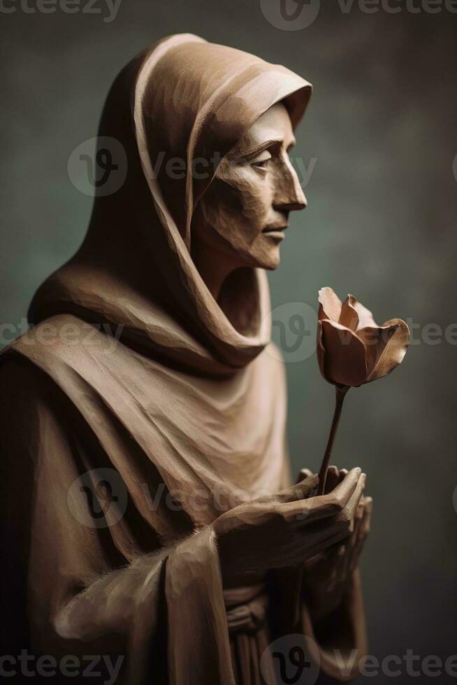 generativo ai, fotorrealista antiguo escultura y flores, apagado neutral colores, 3d estilo cerámico estatua foto