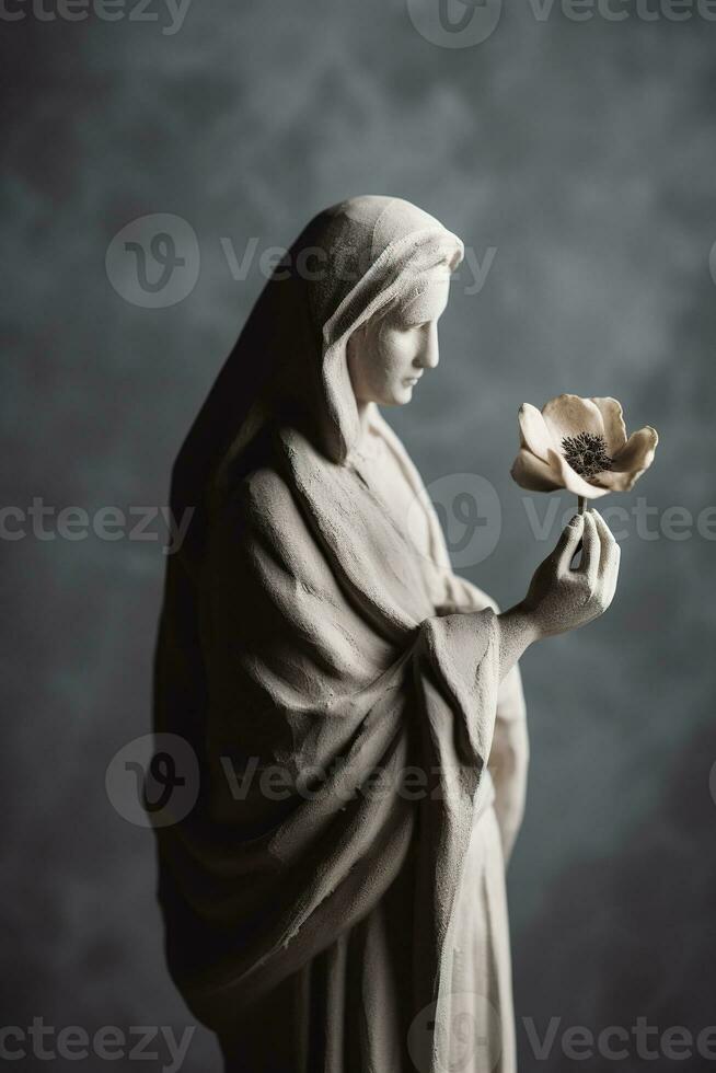 generativo ai, fotorrealista antiguo escultura y flores, apagado neutral colores, 3d estilo cerámico estatua foto