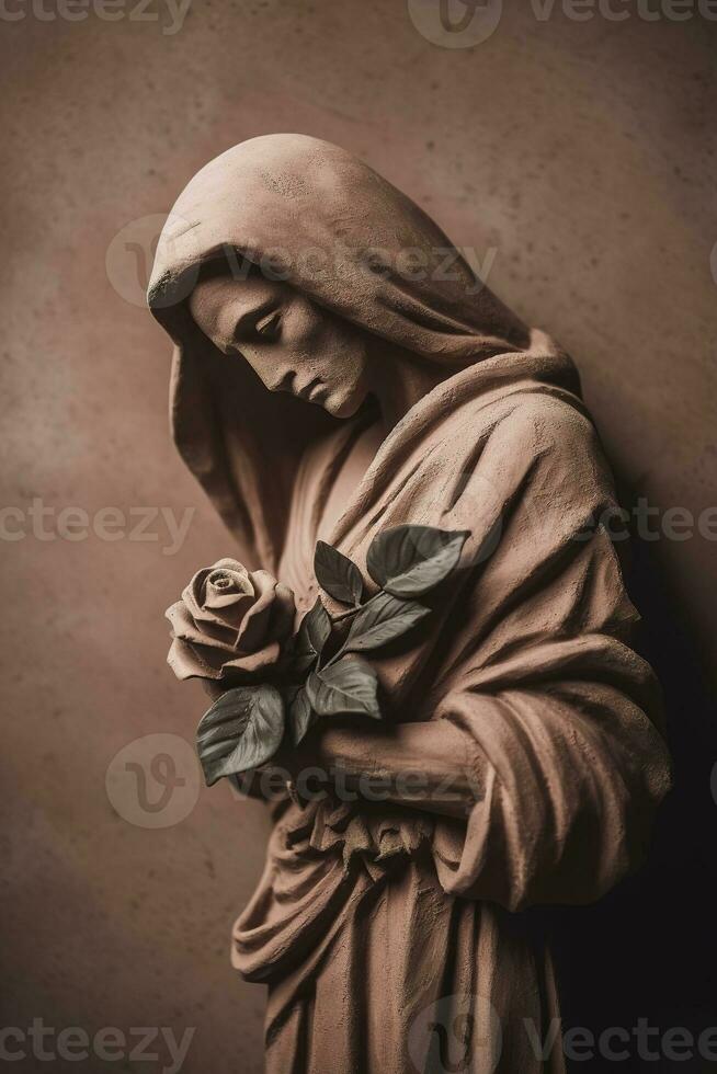 generativo ai, fotorrealista antiguo escultura y flores, apagado neutral colores, 3d estilo cerámico estatua foto