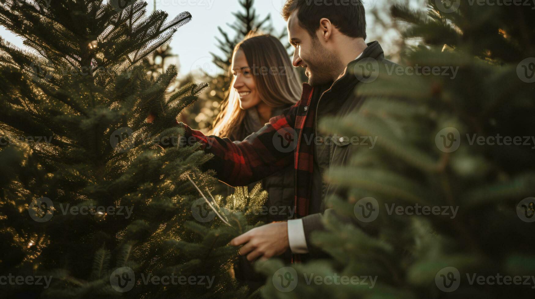 ai generative Couples searching and cutting together the right pine tree for christmas, early morning sunshine photo