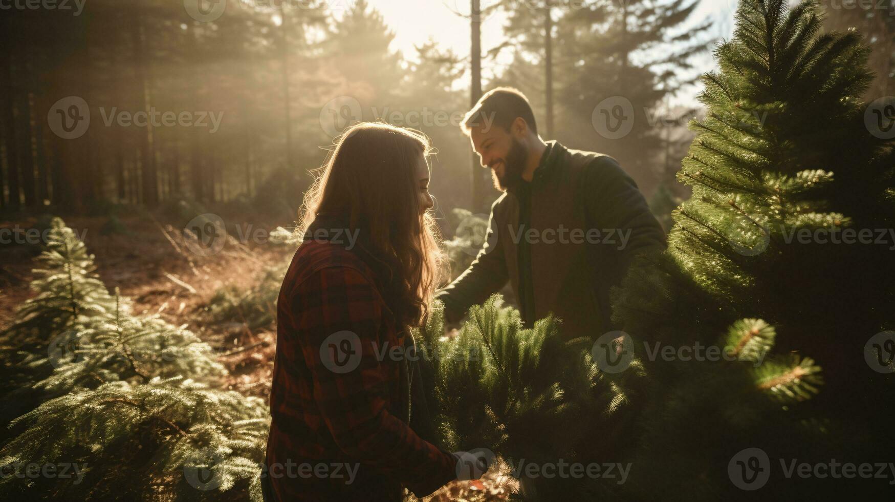 ai generative Couples searching and cutting together the right pine tree for christmas, early morning sunshine photo