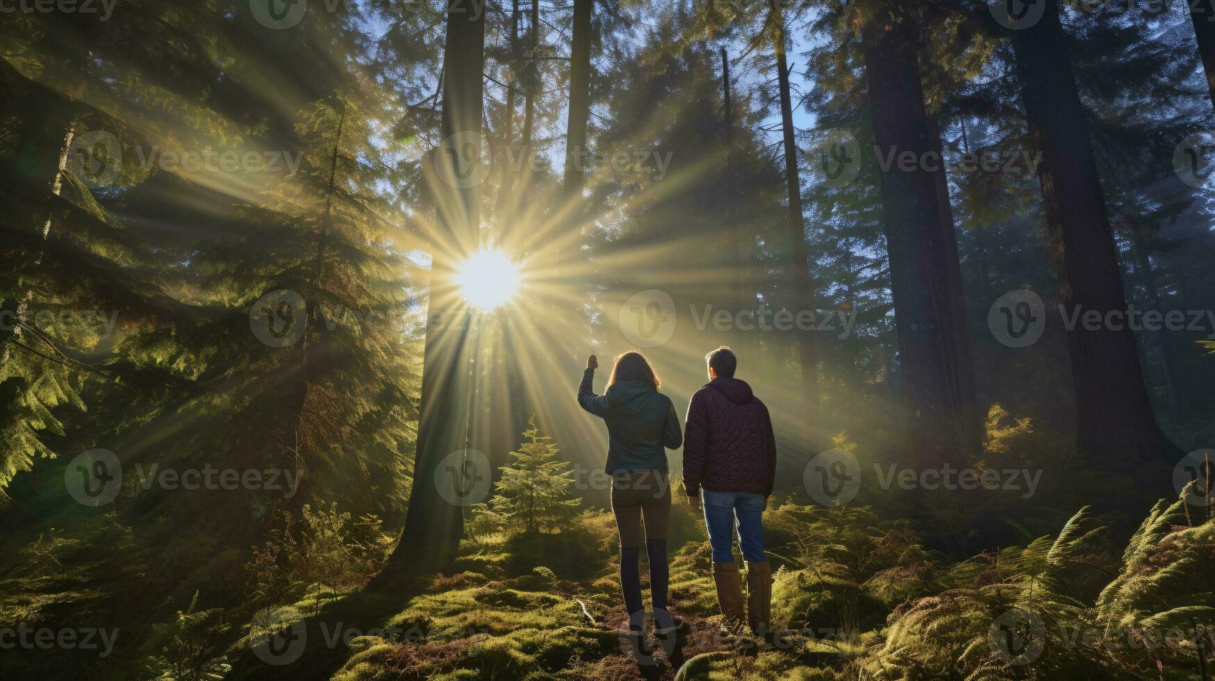 ai generative Couples searching and cutting together the right pine tree for christmas, early morning sunshine photo