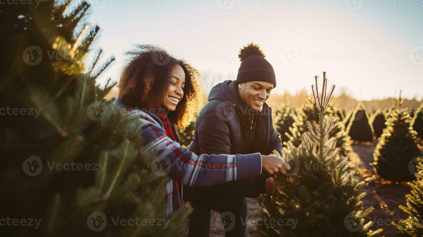 ai generative Couples searching and cutting together the right pine tree for christmas, early morning sunshine photo