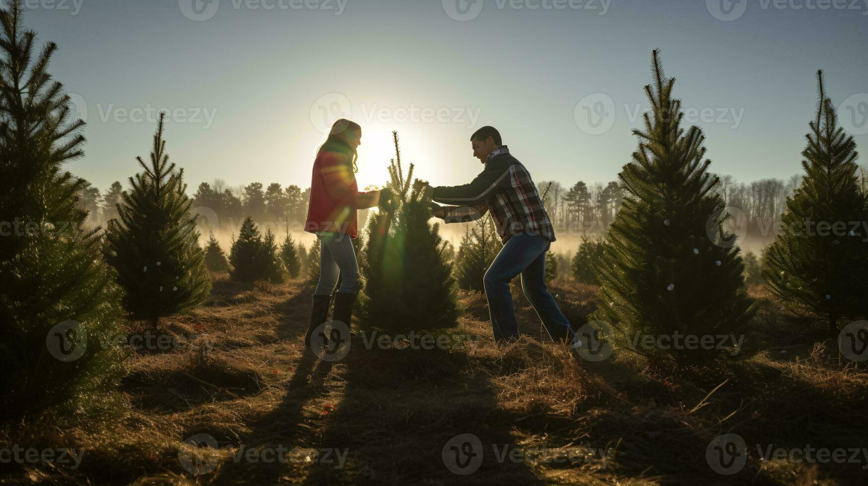 ai generativo parejas buscando y corte juntos el Derecha pino árbol para Navidad, temprano Mañana Brillo Solar foto