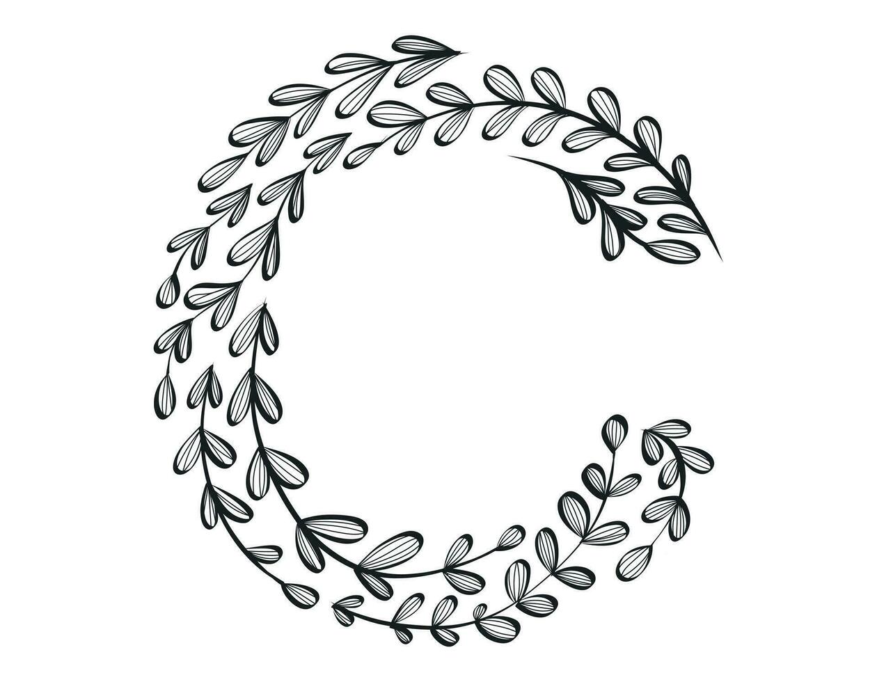 Floral alphabet. Vector isolated black and white Letter C decorated with elegant leaves, sketch style.