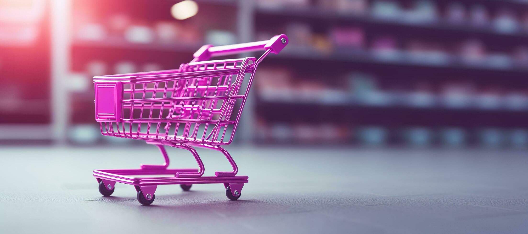 Generative AI, Viva magenta color shopping cart on magenta pink background, minimalistic shop online, free delivery, discounts and sale concept. photo