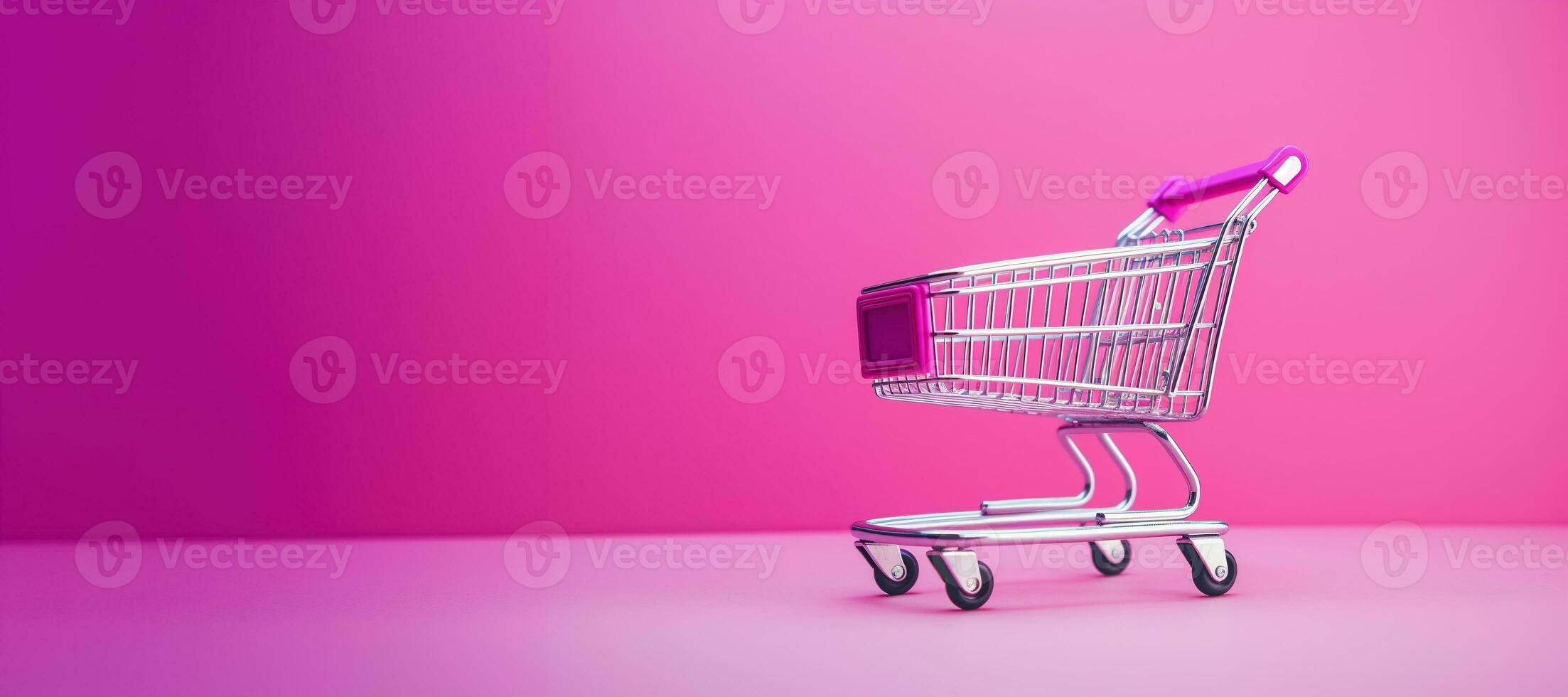 Generative AI, Viva magenta color shopping cart on magenta pink background, minimalistic shop online, free delivery, discounts and sale concept. photo