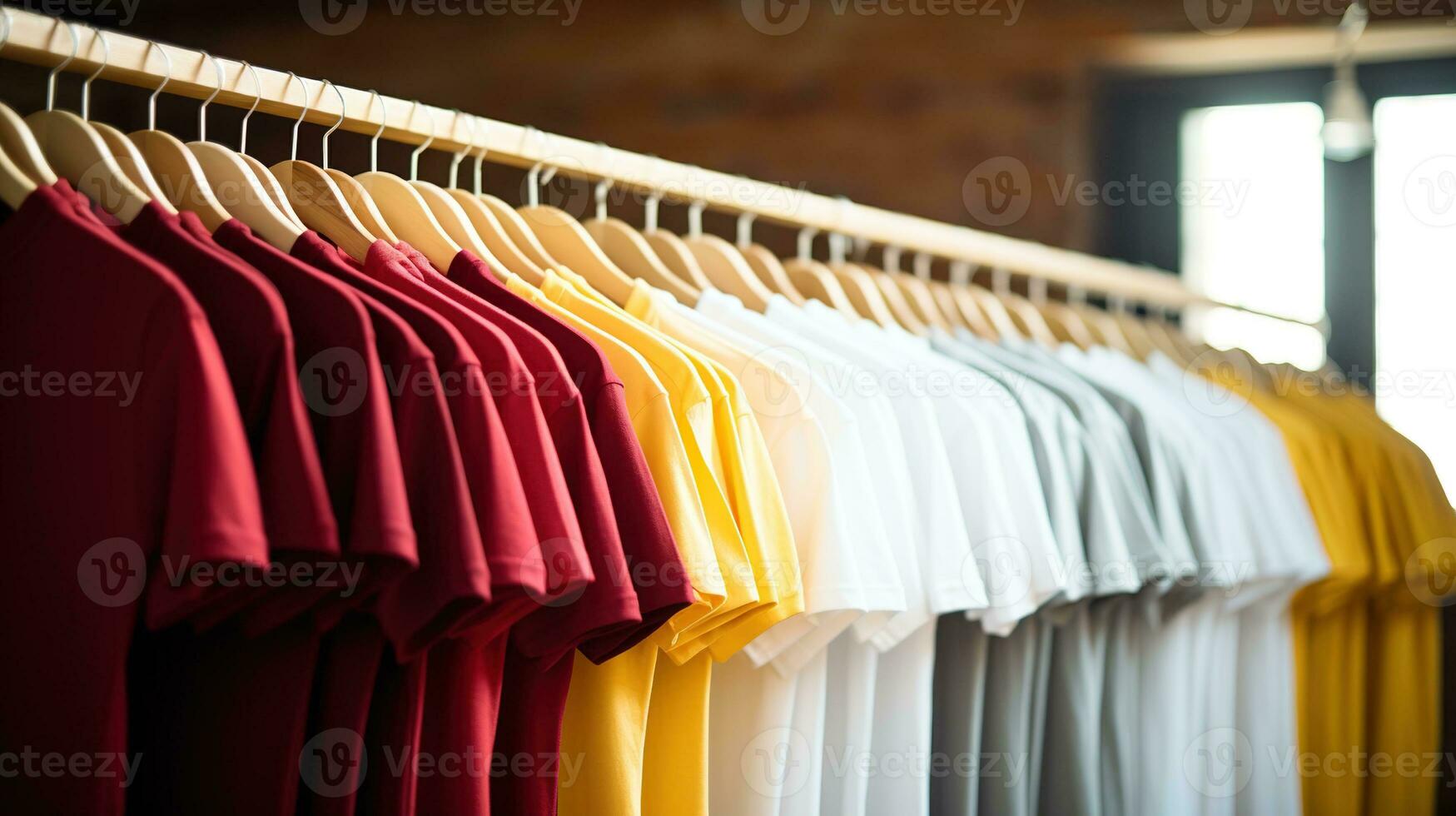 Generative AI, Colorful t-shirts on hangers, apparel background, print on demand concept, cloth store photo