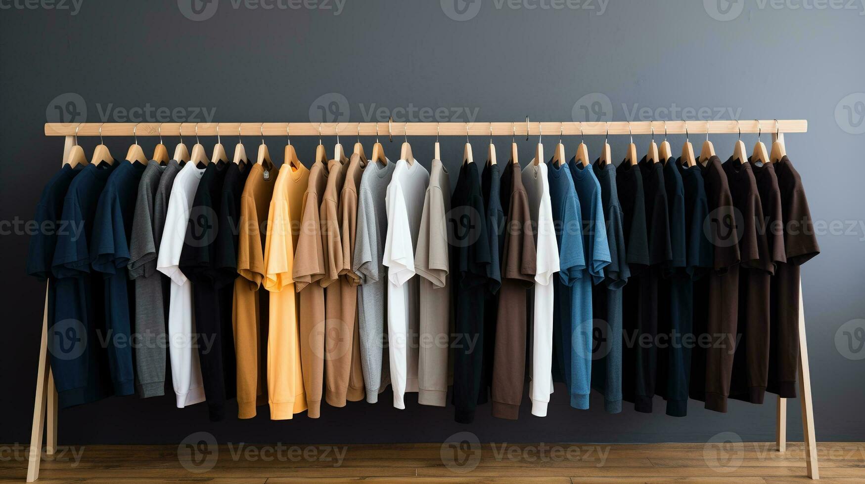 Generative AI, Colorful t-shirts on hangers, apparel background, print on demand concept, cloth store photo