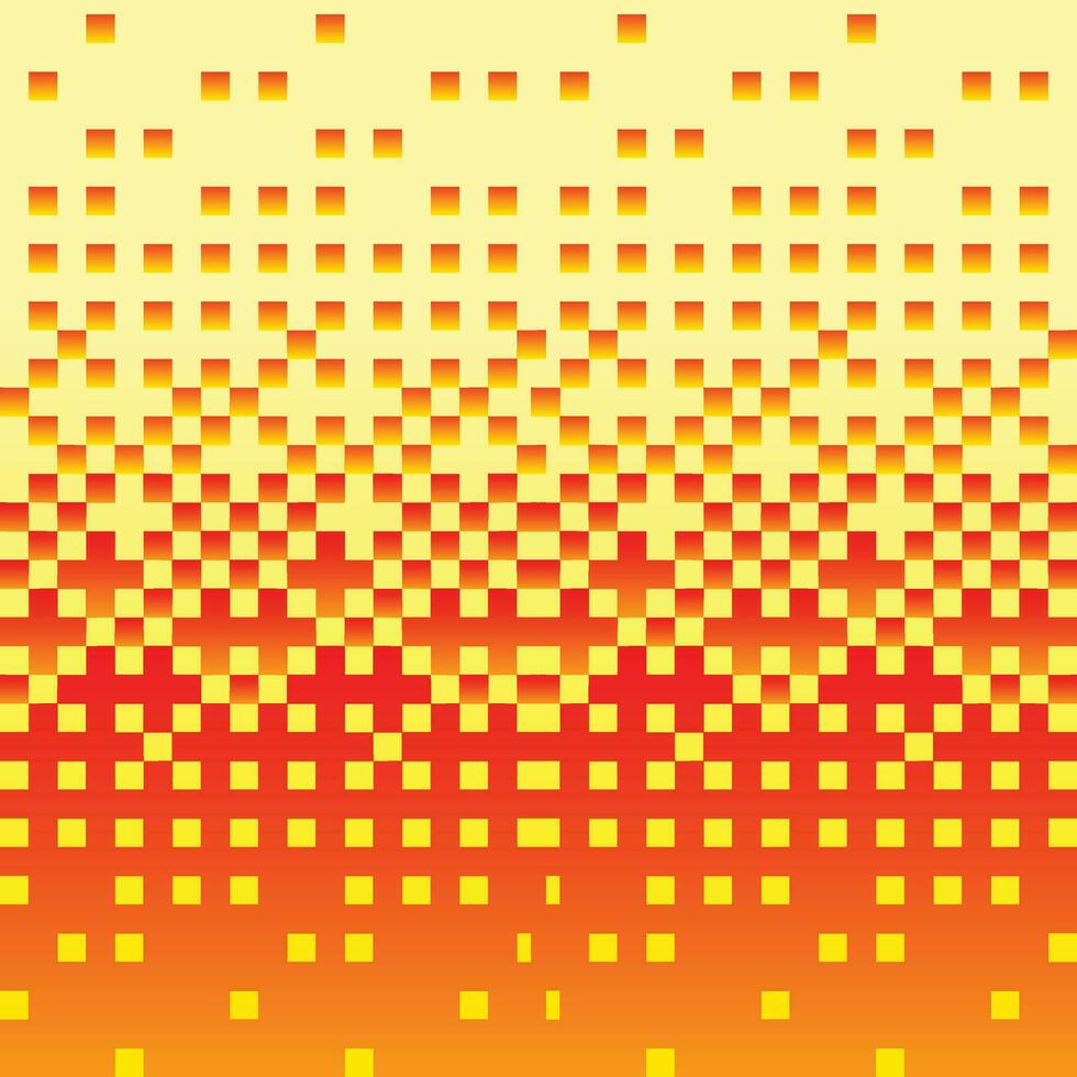 Vector gradient bitmap pixel effect squares red flames like isolated on gradient yellow background. Hot heat degree themed vector wallpaper.