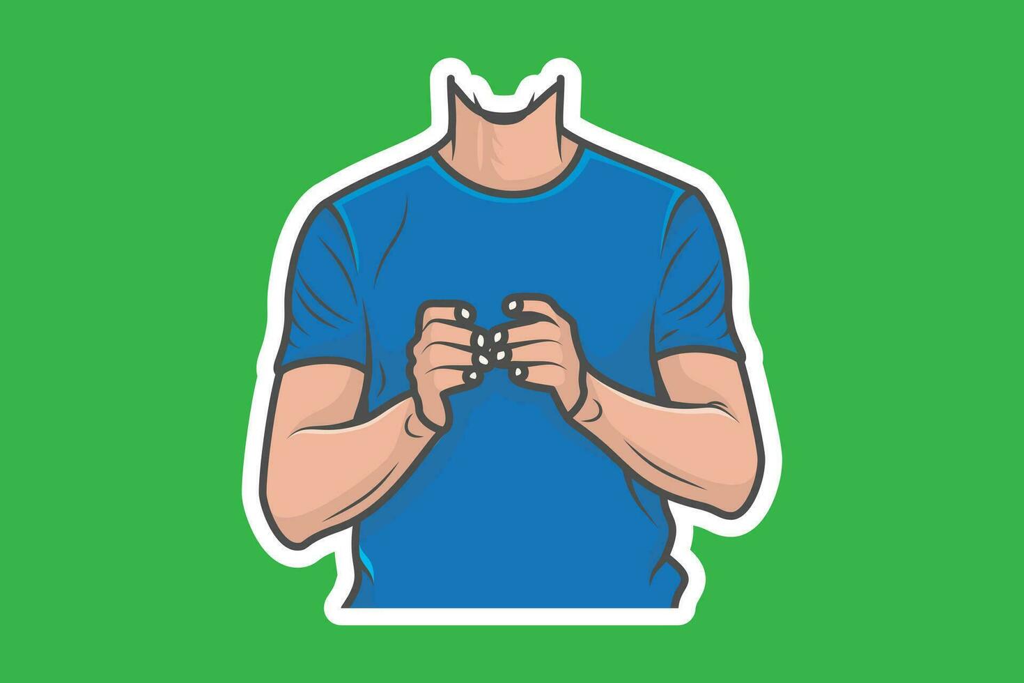 joven chico cuerpo sin cabeza pegatina vector ilustración. personas objeto icono concepto. pegatina diseño vector de un cuerpo ese muestra con manos.