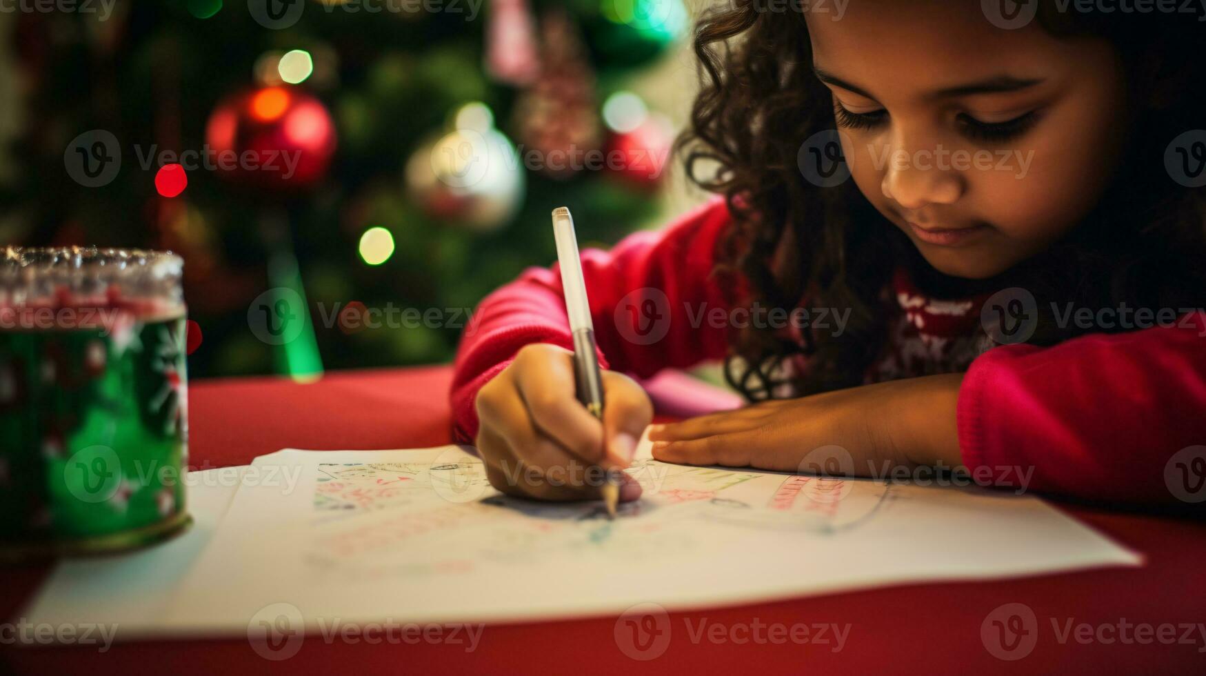 ai generative Close up of children of different ethnicity and gender writing letter to santa photo