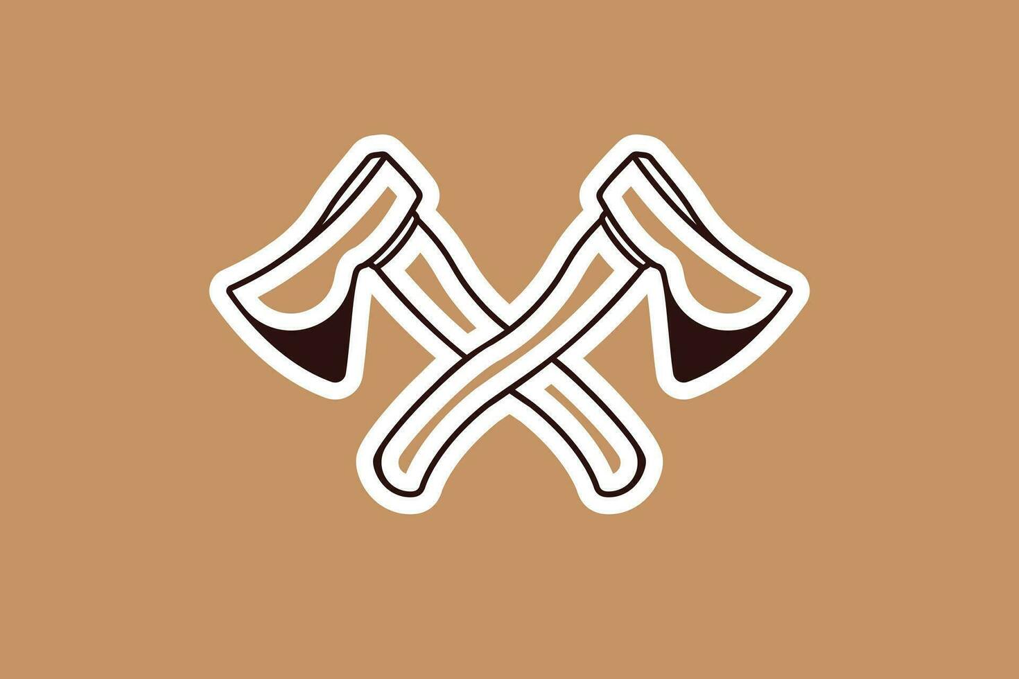Ax Hammer In Cross Sign Sticker vector logo. Construction working tools object icon concept. Tree wood cutting ax hammer sticker vector design.