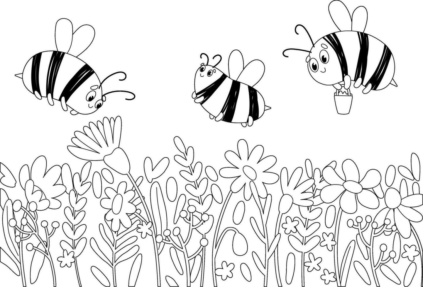 Coloring book with bees and flowers vector