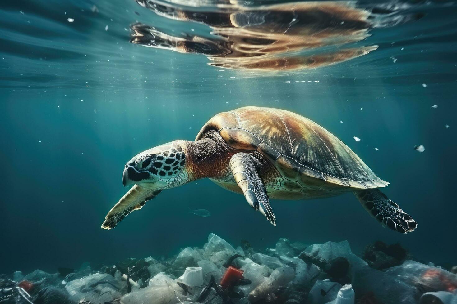 Hawaiian Green Sea Turtle Chelonia mydas swimming in the ocean, Sea turtle with plastic garbage in the ocean. Pollution of nature concept, AI Generated photo