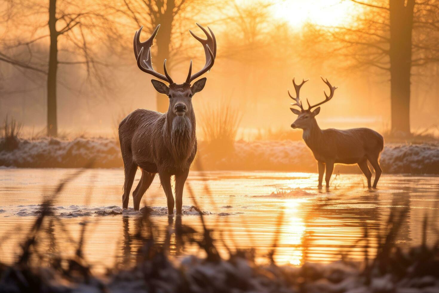 Red deer cervus elaphus at sunrise in winter, Majestic Red Deer Cervus elaphus stag in the morning mist, UK, AI Generated photo