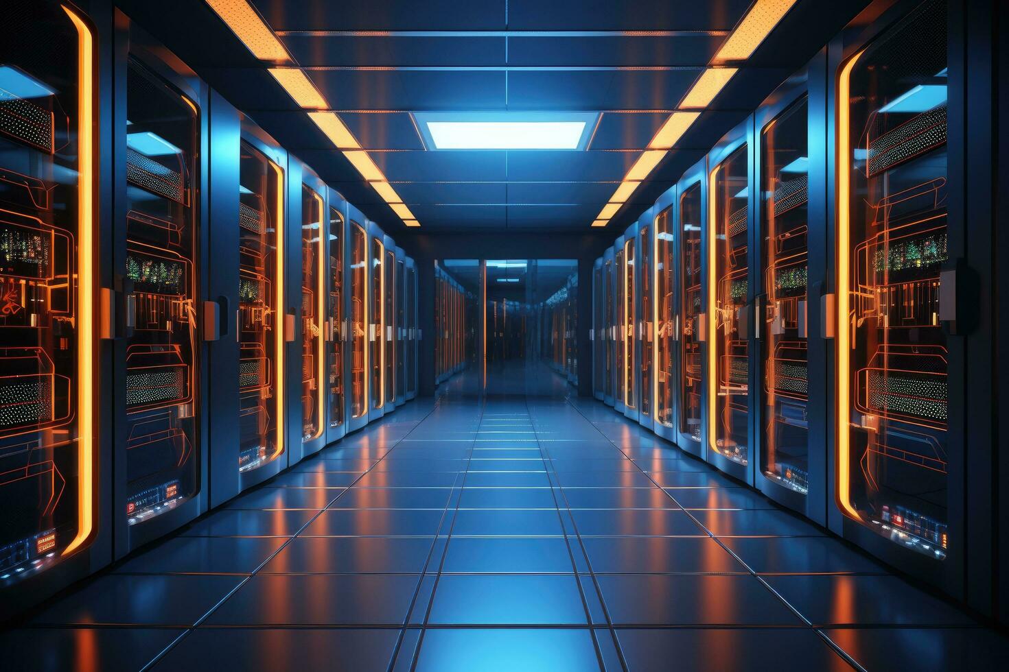 Server room data center. Datacenter hardware cluster. 3d render, server room data center with rows of server hardware. 3d rendering, AI Generated photo