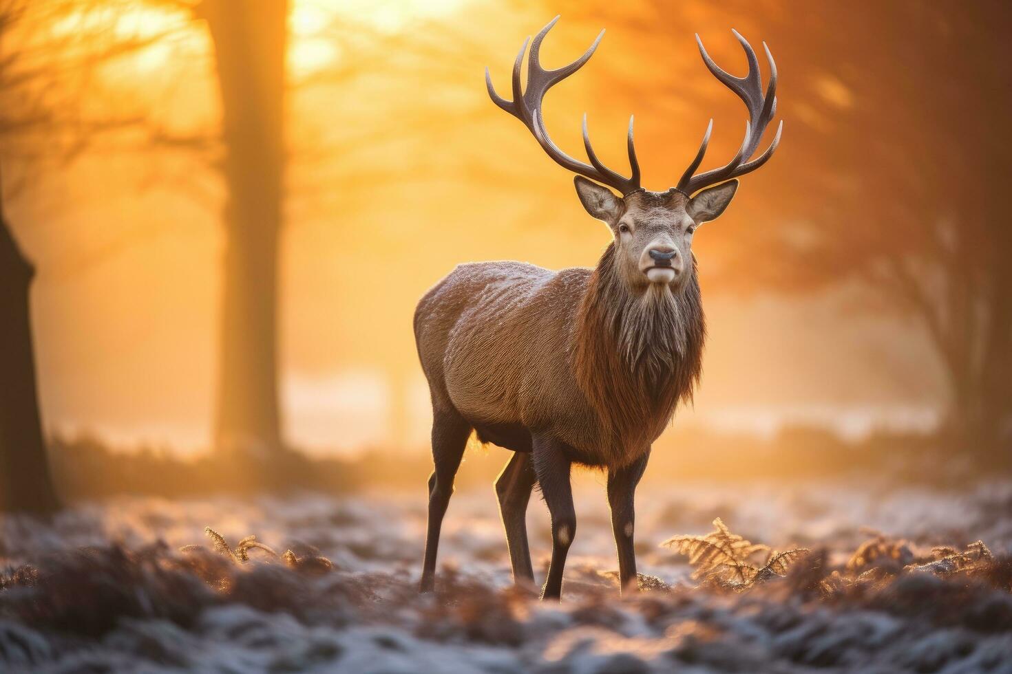 Majestic red deer stag during rutting season on beautiful winter sunrise landscape, Majestic Red Deer Cervus elaphus stag in the morning mist, UK, AI Generated photo