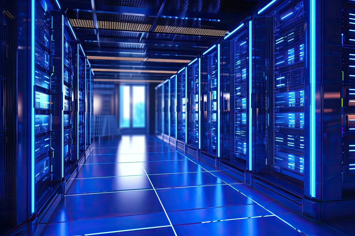 server room data center with hard drives and lights 3d rendering image, server room data center with rows of server hardware. 3d rendering, AI Generated photo